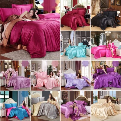 4Pcs Satin Silk Duvet Quilt Cover Bedding Sets Fitted Sheet Twin Queen King Bed