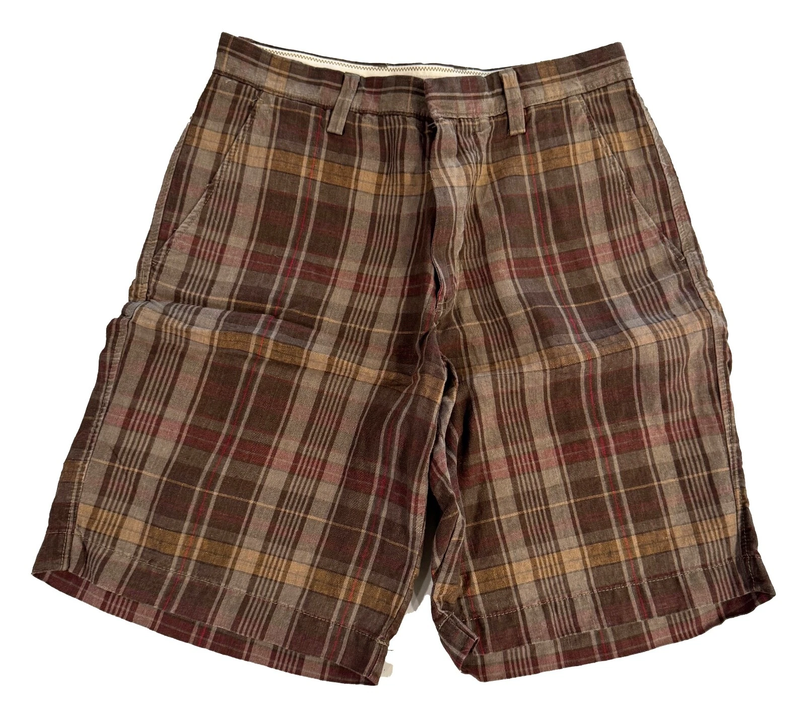 Banana Republic Mens Linen Plaid Check Dress Casual Shorts Brown Khaki Red 30