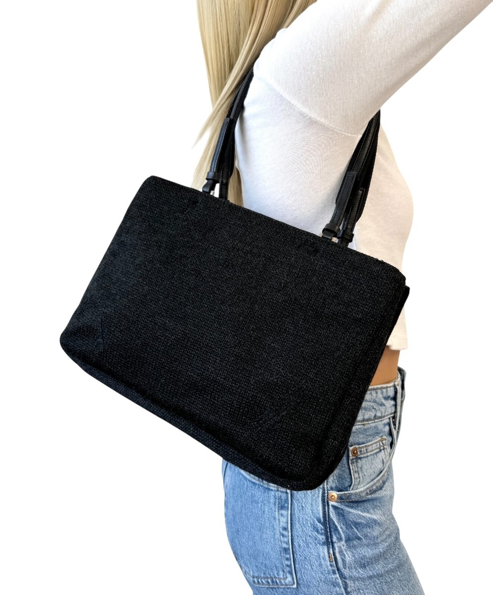 PRADA Vintage Logo Knit Shoulder Bag Tote Zip Black Silver PRADA Vintage Logo Knit Shoulder Bag Tote Zip Black Silver
