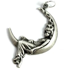 Woman On Crescent Moon Charm Necklace Pendant Silver Tone Metal Stamping Jewelry