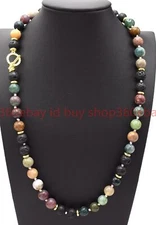 Handmade Natural 8mm Multicolor Indian Agate Black Lava Gems Round Bead Necklace