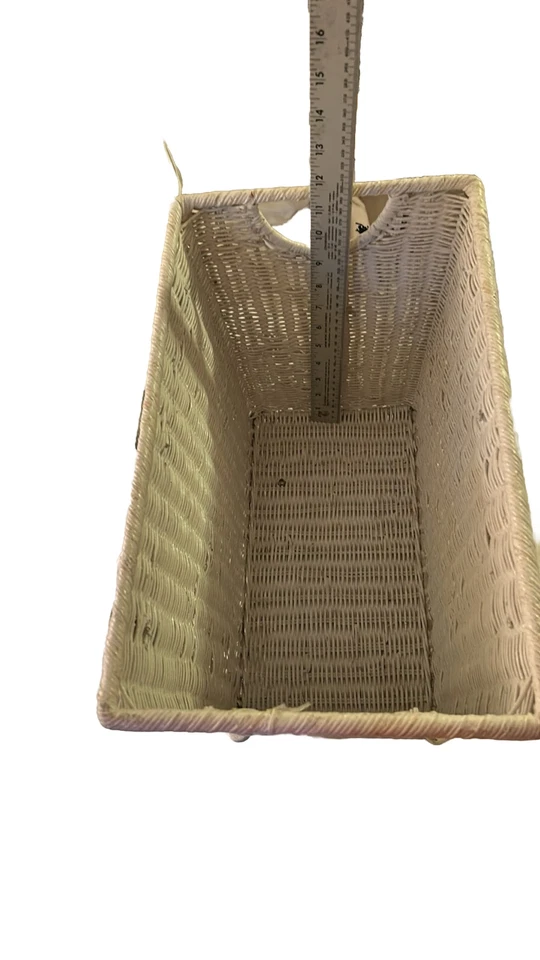 Vintage White Wicker Magazine Rack With Tag Coastal Theme 16x12x9.5 “ 3 Tiles - Image 3 of 4