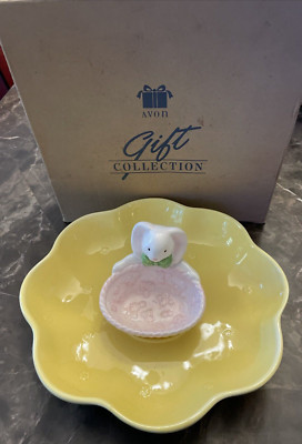 Vintage AVON Easter Bunny Serving Plate & Bowl Yellow & Pink Centerpiece NEW NIB