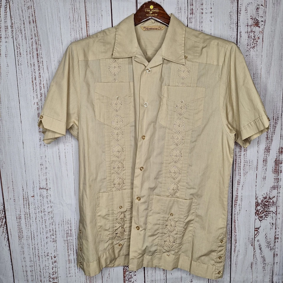 Camisa Havanera Company Para Hombre M Beige Bordada Manga Corta Mezcla Algodón Foto 2 de 4