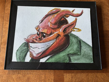 DEVIL WITH EARRING HAND PAINTED FRAMED WITH GLASS 14" X 11.25 "