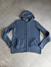 L.L. Bean Lambswool Womens Blue Hooded Cardigan Cable Knit Zip Fisherman Medium