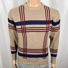 Vintage 80s Le Tigre Men's Small Beige Plaid Orlon Acrylic Crew Neck Sweater