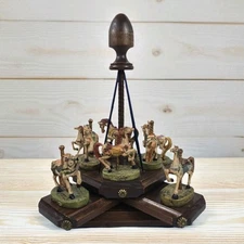 Vtg Maypole Spinning Pony Carousel w Wood Base & Resin Horses Flaws SEE VIDEO