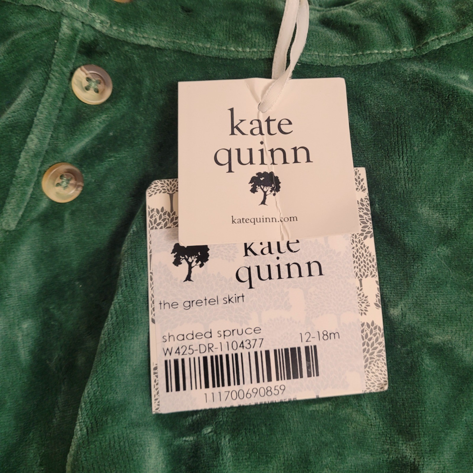 Kate Quinn Gretel Suspender Skirt & Ruffle Bonnet Set Green Velour 12-18M NWT