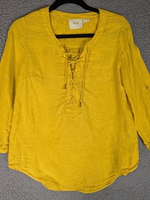 Maeve By Anthropologie Womens Mustard Yellow Marva Lace Up Linen Blouse Size 2