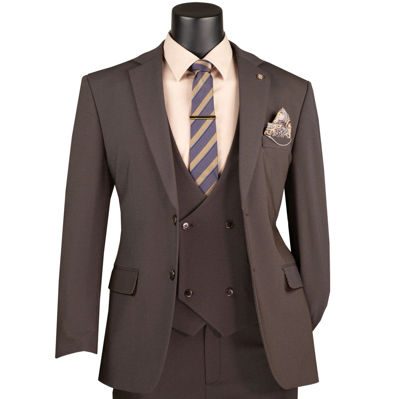 VINCI Men's Brown 3pc Super Stretch Modern Suit w/ Flex Waist - Washable - NEW