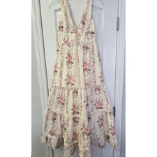 Floral Lace Trim Tiered Maxi Dress Babydoll Peasant Cottagecore Ribbon Laceup XS
