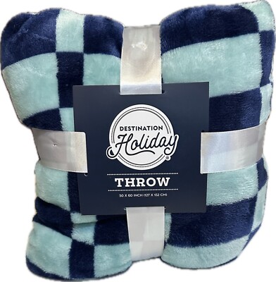 DESTINATION NAVY ROYAL BLUE 50x60  FLEECE THROW PLUSH FUZZY CHECK BLANKET SOFT