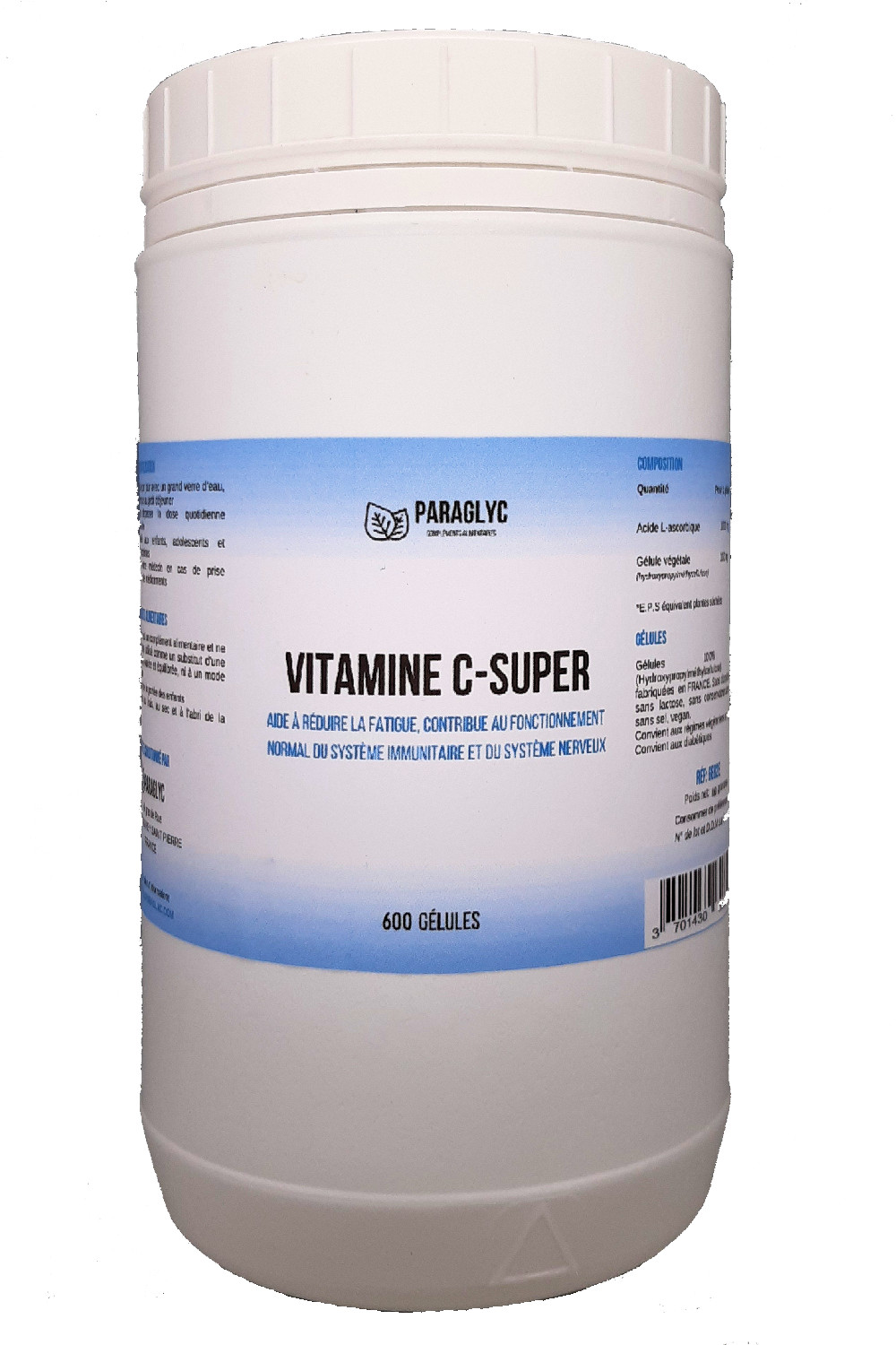 Vitamine C pure 1000mg Paraglyc contre la fatigue passagère boîte de 600 gélules