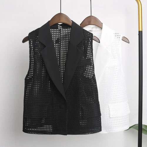 Lady Hollow Out Mesh Gilet Vest Loose Lapel Sleeveless Waistcoat Jacket Tops - Foto 3 di 17