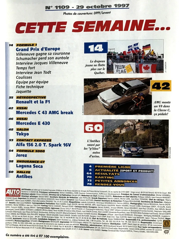 AUTO HEBDO 1109 du 29/10/1997; GT Mercedes Champion/ Villeneuve triomphe - Photo 2/2