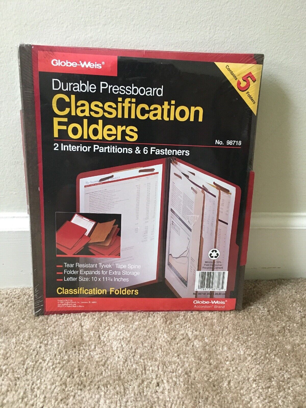 Globe-Weis Durable Pressboard Classification Folders Letter Size - 5 Count