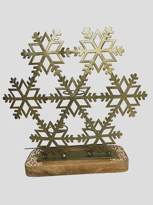 MCM GOLDEN METAL / WOOD CHRISTMAS SNOWFLAKES DESIGN  3 CANDLE HOLDER RUSTIC