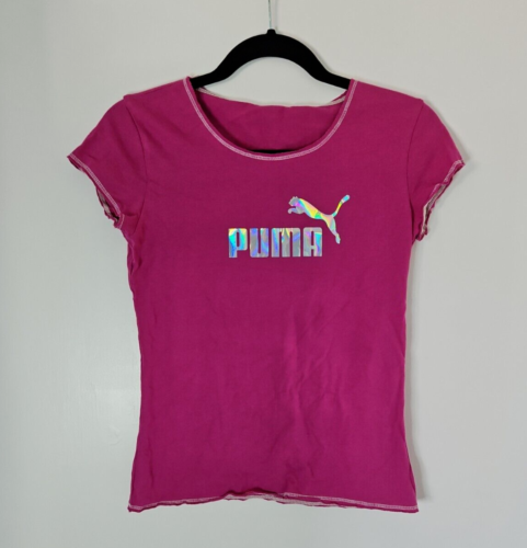 Puma Pink T Shirt Size UK 8 Holo Shiny Iridescent Logo Retro Sports - Afbeelding 1 van 9