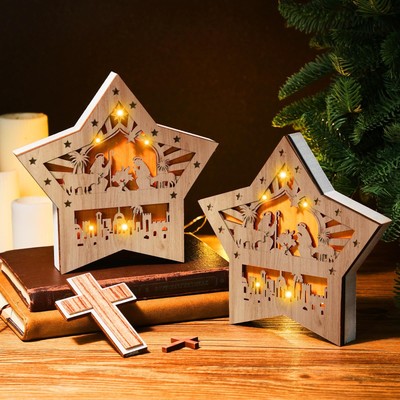 2 Pcs Christmas Nativity Scene Ornaments Wooden Star Shaped Nativity Scene Ta...