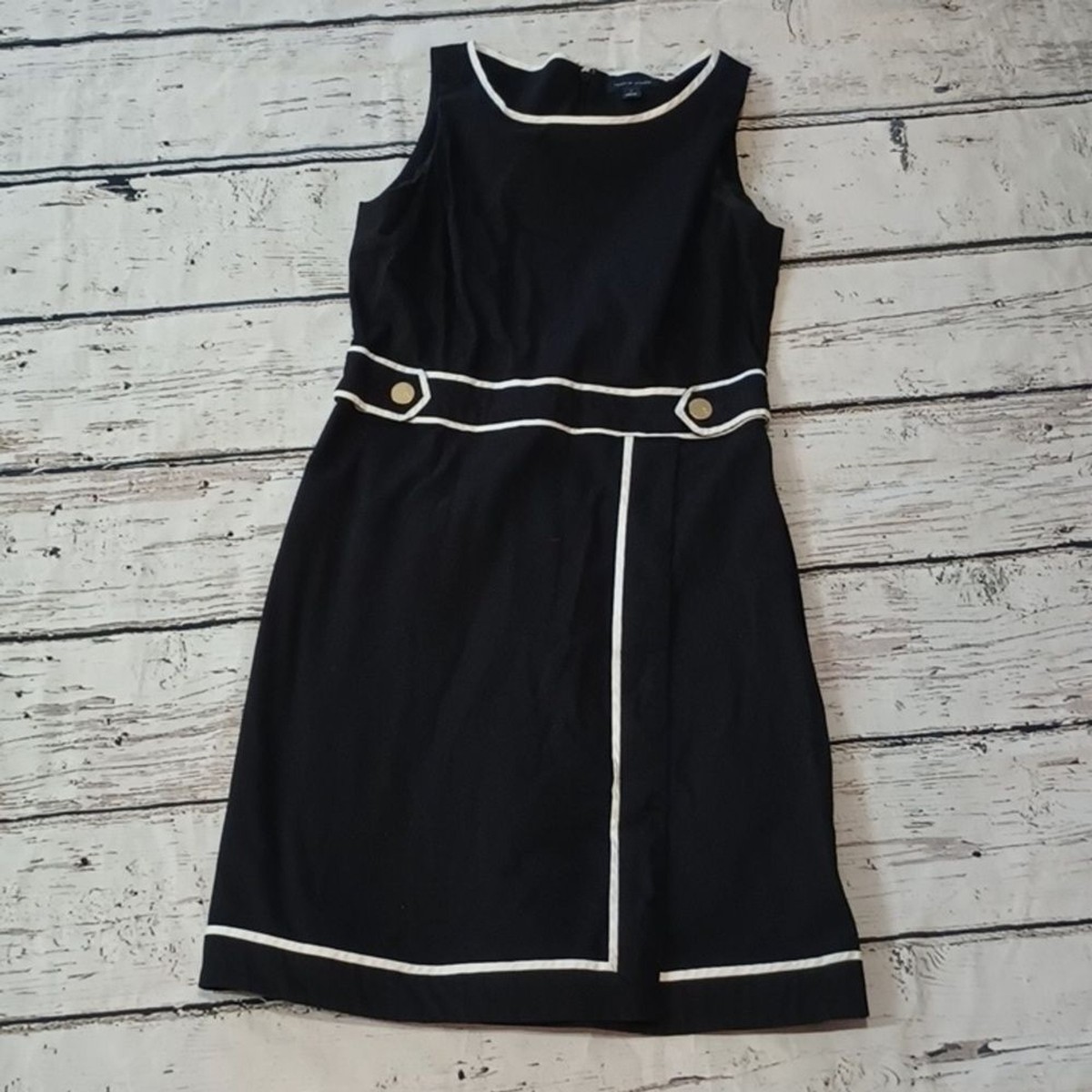 Tommy Hilfiger Black White Gold Button Sleeveless Cotton Blend Dress 6