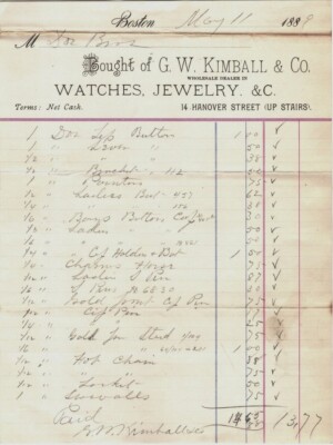 Bought of G. W. Kimball & Co Wholesale Dealer in Watches, Jewelry & C. 5/11/1889