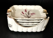 Vintage  Porcelain Nesting  Ashtrays Set of 4  w/ Matching Caddy Pink Wheat