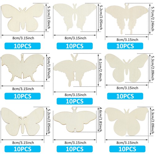 90Pcs Unfinished Wooden Butterfly Shape Ornaments 9 Styles DIY Blank L71☊ - Picture 4 of 11