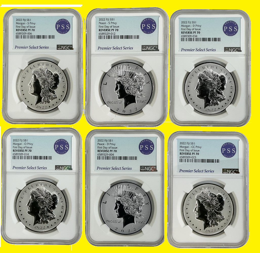 2022 MORGAN & Peace Dollar 6 coins set NGC RV PF 70 First DAY OF
