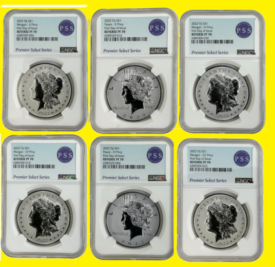 2022 MORGAN & Peace $ 6 OZ 999 SILVER 6 coins set NGC RV PF 70 FD