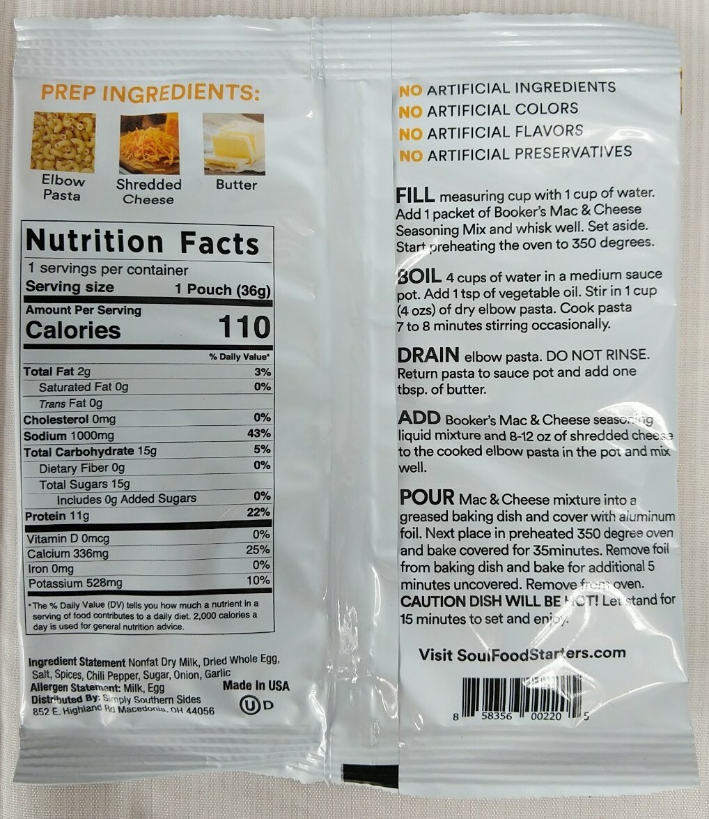 Booker's Soul Food Starters Mac & Cheese Seasoning Mix 1.25 Oz BB. 04/