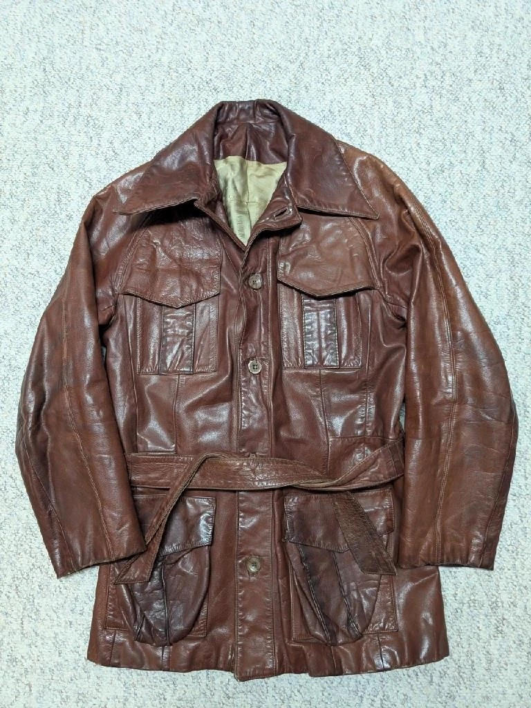 1950s vintage HORSEHIDE brown leather BELTED coat 38 jacket MOTORCYCLE norfolk image 1