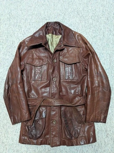 1950s vintage HORSEHIDE brown leather BELTED coat 38 jacket MOTORCYCLE norfolk - product listing photo