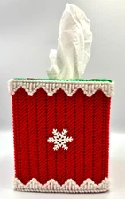 Handmade Needlepoint on Plastic Tissue Box Holder Cover Green Red White