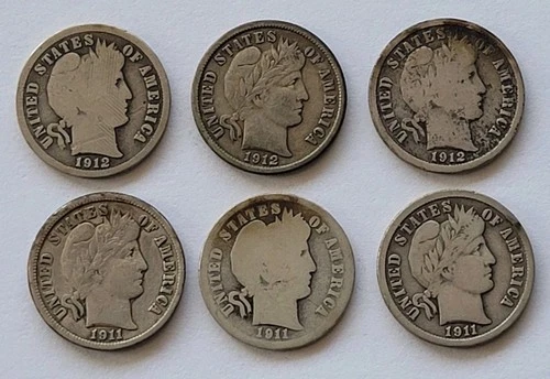 Lot of 6 (6) 1911 and 1912 Barber Dimes 90% Silver
