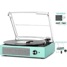 Retro Vinyl Record Player in Water Blue: Bluetooth, 2 Speakers & AUX Connection