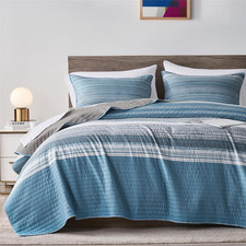 Full/Queen Quilt Bedding Set, White Grey and Blue Patchwork Striped Quilt Set, 2