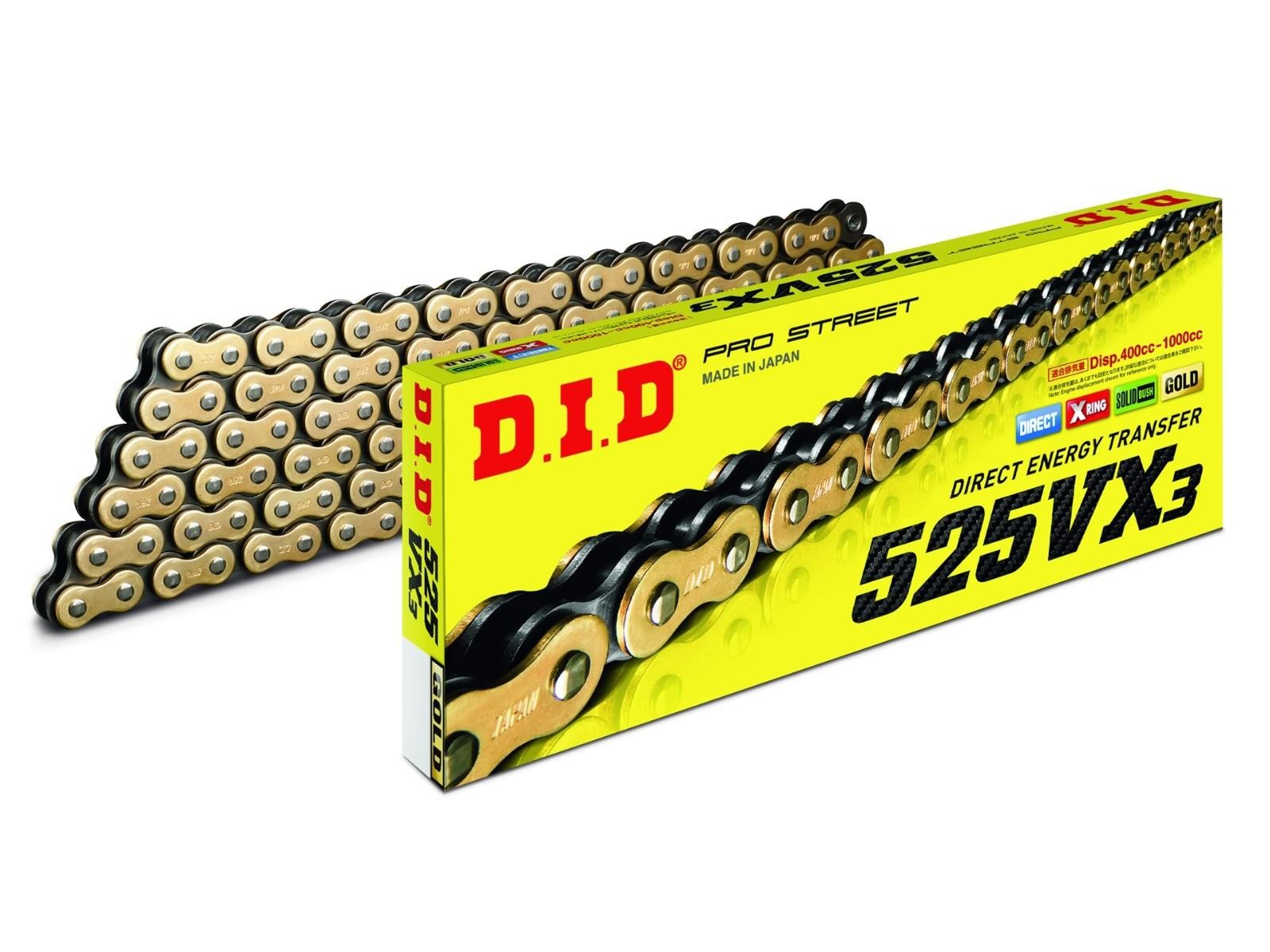 Did 525 VX3 G&B X-Ring Motorcycle Chain Gold with Rivet Link 126 Links