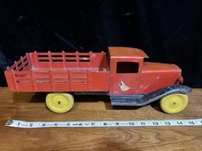 Wyandotte Toys 15  Pressed Steel Large Farm Toy Stake Truck w/ Wooden Wheels