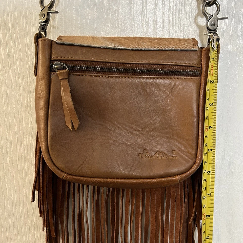 Bolso Bandolera/Cartera Montana West Cabello Cuero Genuino con Flecos Marrón Claro Foto 3 de 4