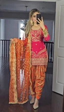 Wedding Wear Orange Faux Georgette Top Dhoti With Dupatta For Women & Girls