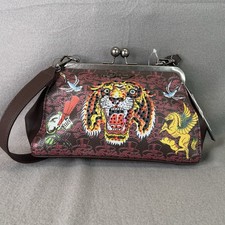 Ed Hardy Kisslock Shoulder Bag Clutch Tattoo Tiger Skull Rhinestone NWT