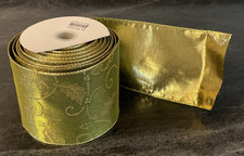 Christmas Ribbon 4 Inch x 10 Yards Wire Edge Green Gold Holly Leaf Double Sided