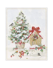 TREE AND BIRDHOUSE Caspari 15 Christmas & Holiday cards & envelopes NEW BOX