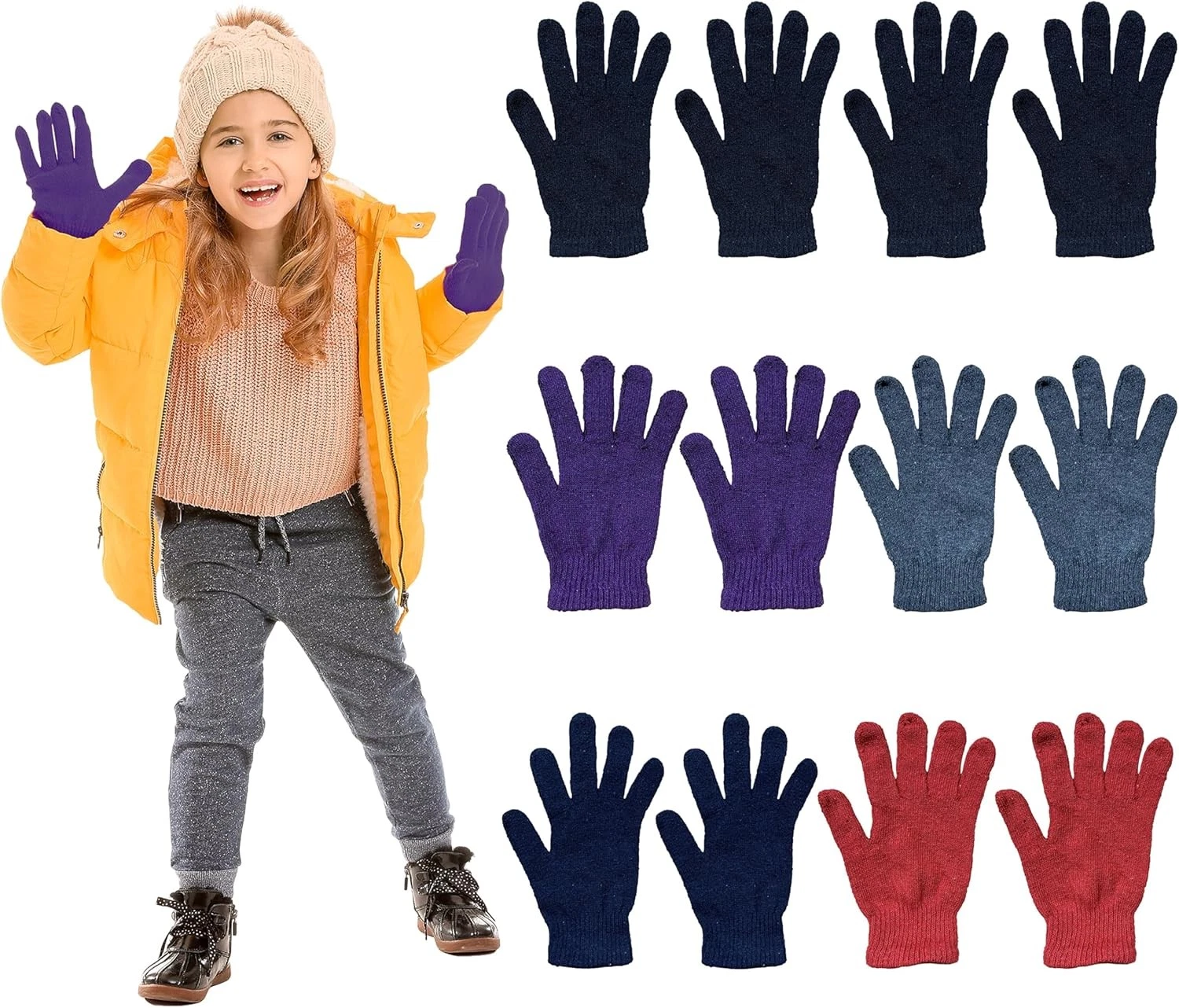 12 Pairs of Winter Thermal Knit Stretchy Fuzzy Unisex Gloves - Bulk Glove Colors