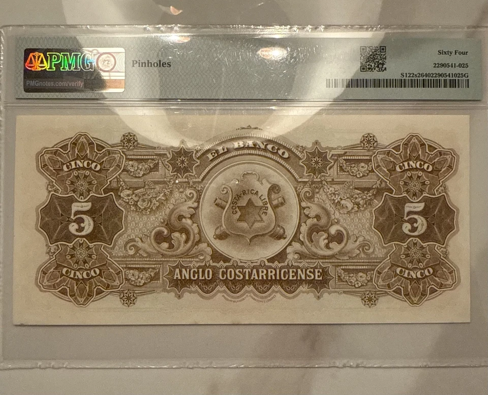TOP POP Costa Rica 5 Colones ND 1903–17 Espécimen PMG 64 UNC BWC Londres ¡Vibrante!! Foto 2 de 4