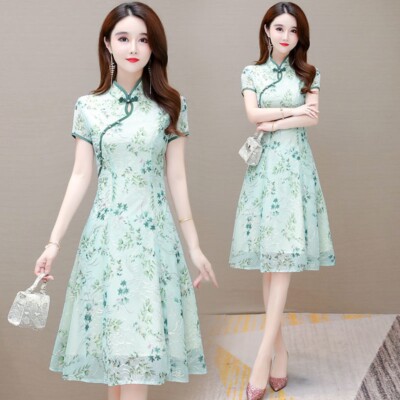 Women's Modern Cheongsam Maxi Dress - Floral Brocade Qipao With Stand Collar & Short Sleeves