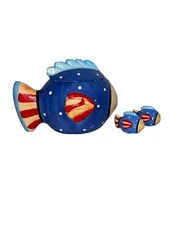 Vintage Coco Dowley, Colorful Fish Cookie Jar Canister & Salt/Pepper Shakers