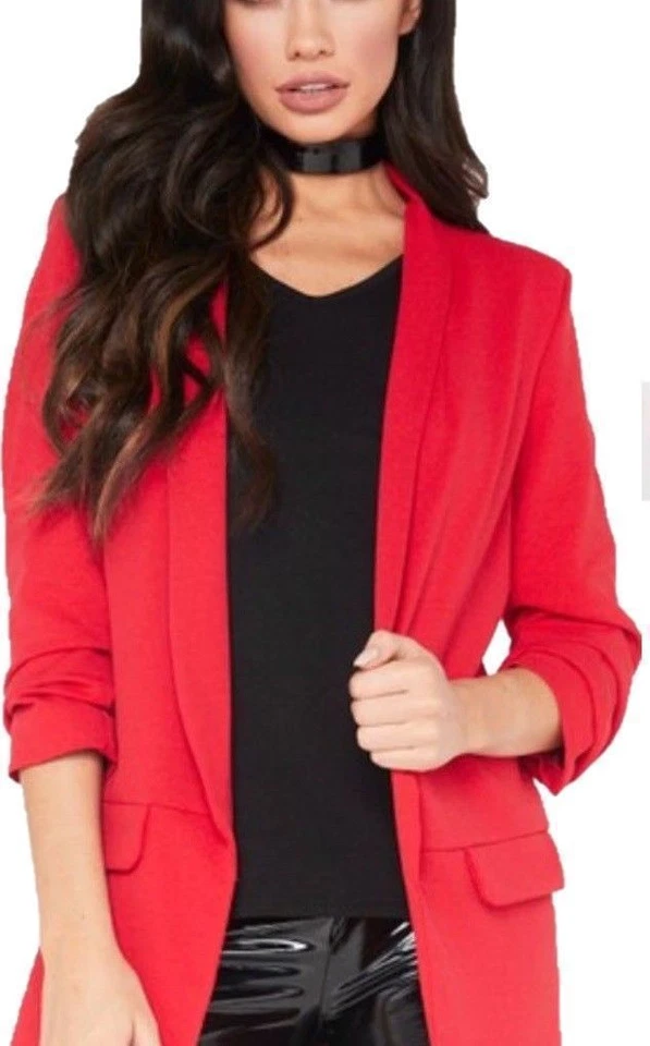 UK Ladies Women Frill Ruffle Blazer 3/4 Sleeve Duster Casual Office Coat Jacket - Image 3 of 4