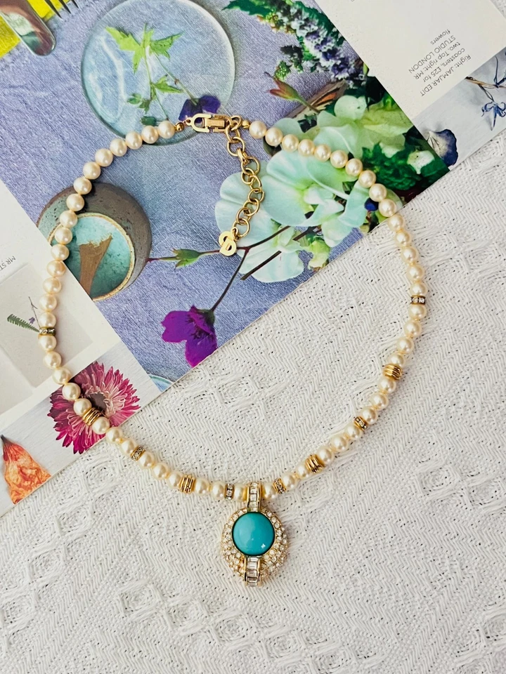Christian Dior Vintage 1980s White Pearls Turquoise Cabochon Crystals Necklace - Image 2 of 4